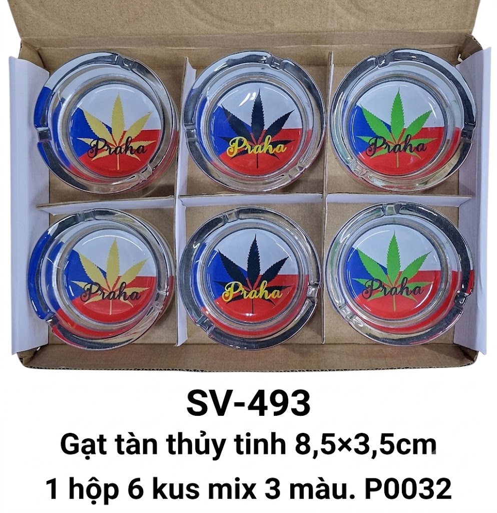 SV-493. Gạt tàn thủy tinh in lá cần sa. cỡ 8,5cm. Mix 3 màu