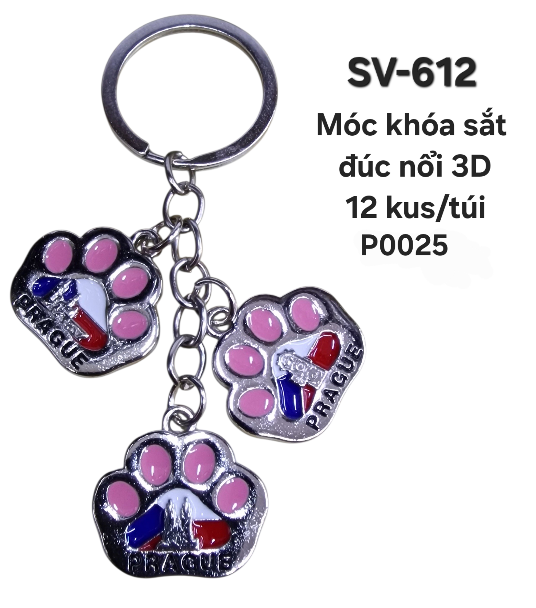 SV-612. Móc khóa chùm 3 bàn chân chó đúc nổi 3D, mix 3 màu