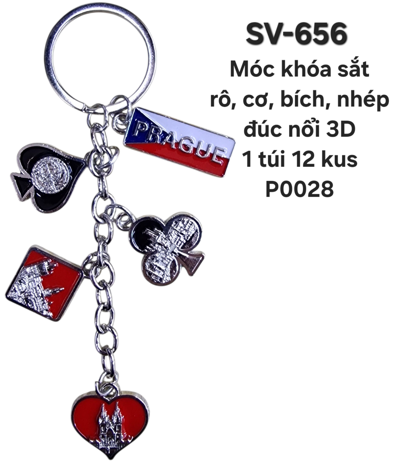 SV-656. Móc khóa chùm 4 quân bài rô cơ bích nhép đúc nổi 3D