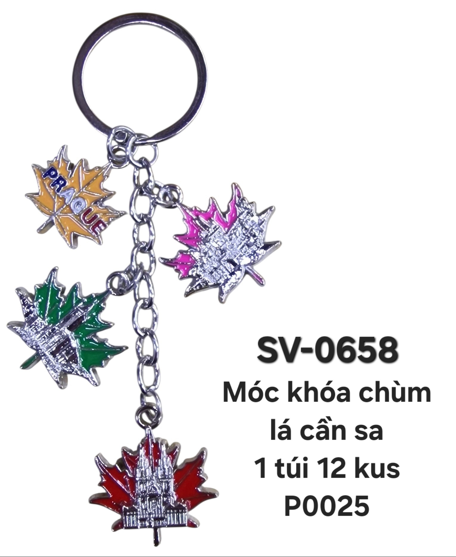 SV-658. Móc khóa chùm 4 lá cần sa gắn các biểu tượng của Praha đúc nổi 3D