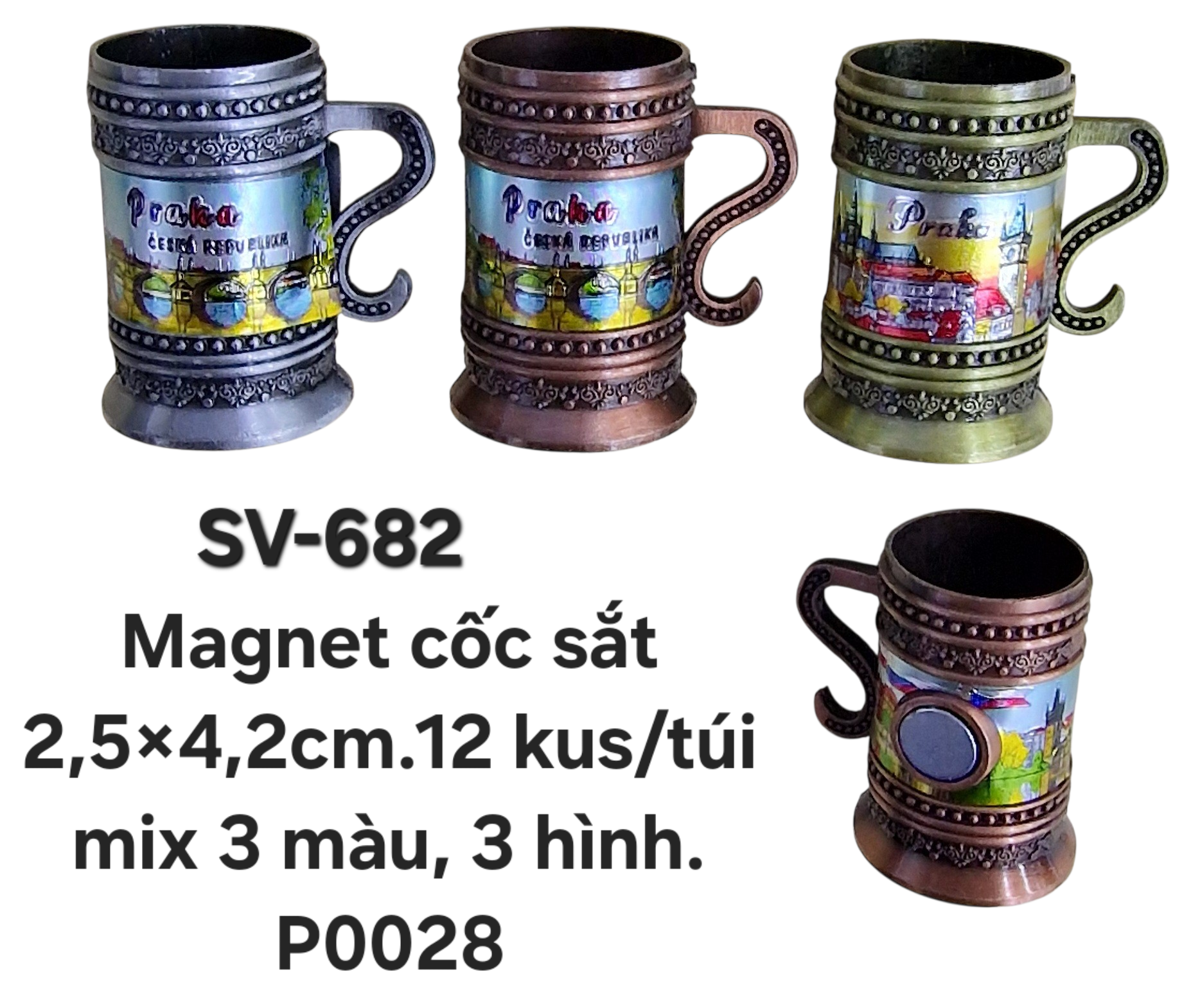SV-682. Magnet cốc sắt nhỏ. Mix 3 màu, 3 hình ảnh