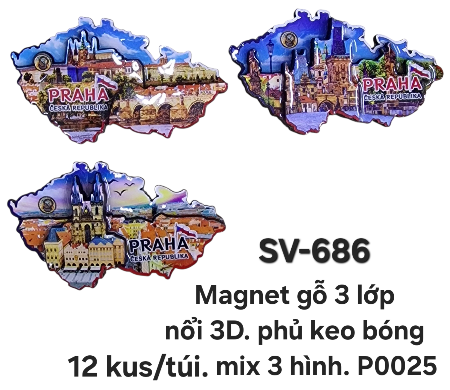 SV-686. Magnet gỗ 3 lớp nổi 3D hình bản đồ Séc. Mix 3 hình ảnh