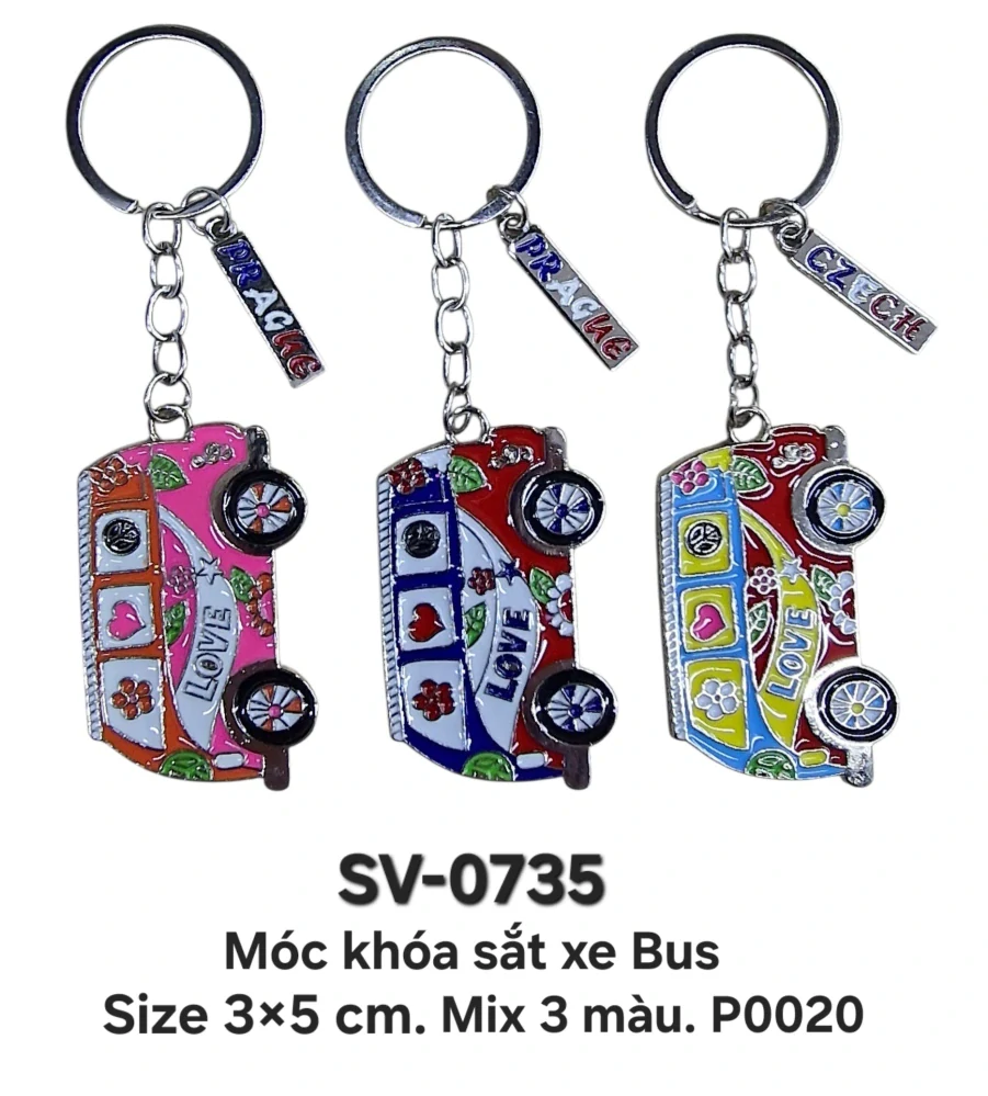 SV-735. Móc khóa xe Bus sắt đúc nổi in UV. Mix 3 màu