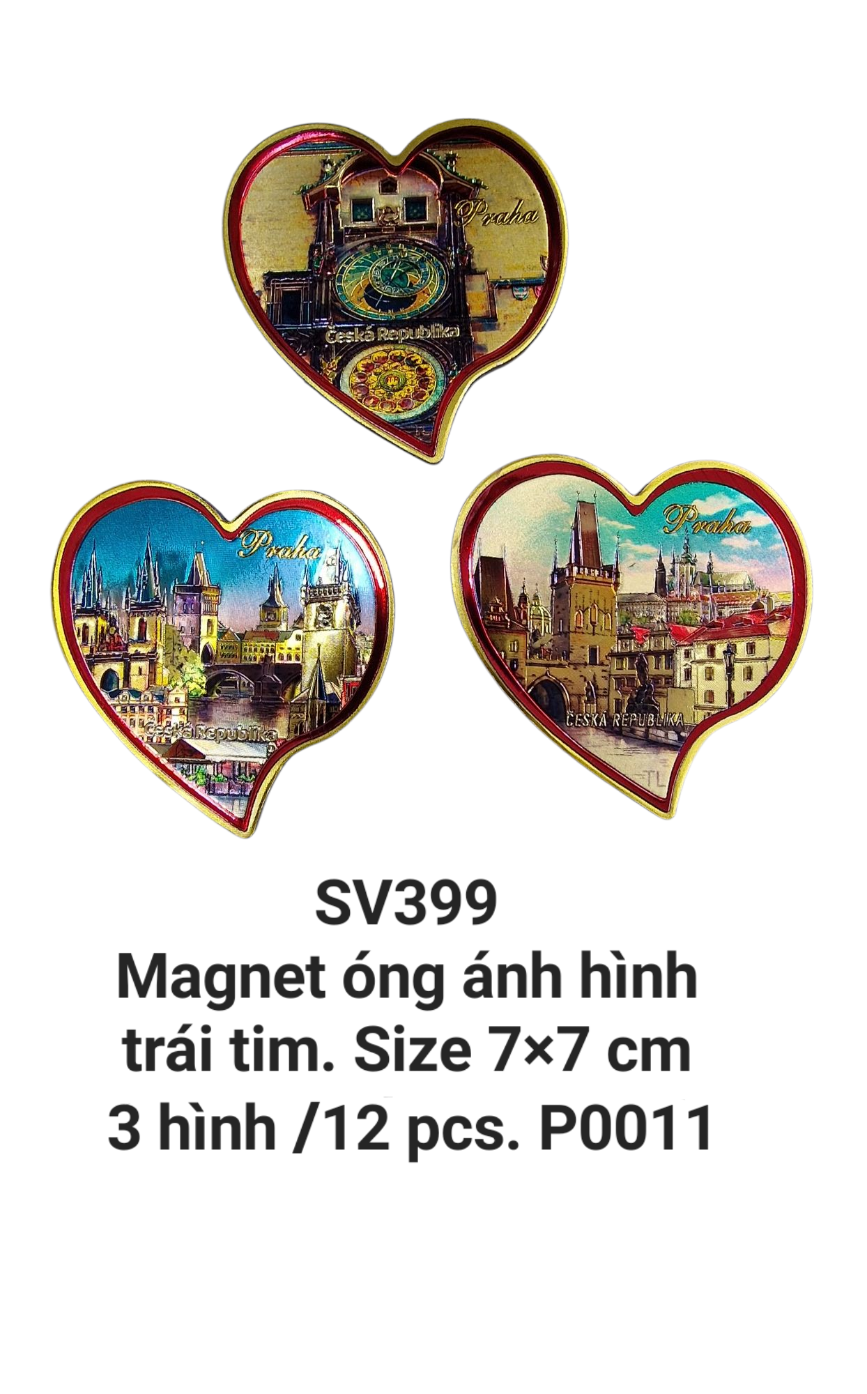 Magnet óng ánh trái tim, hình ảnh in nổi trên nền vàng. SV399 