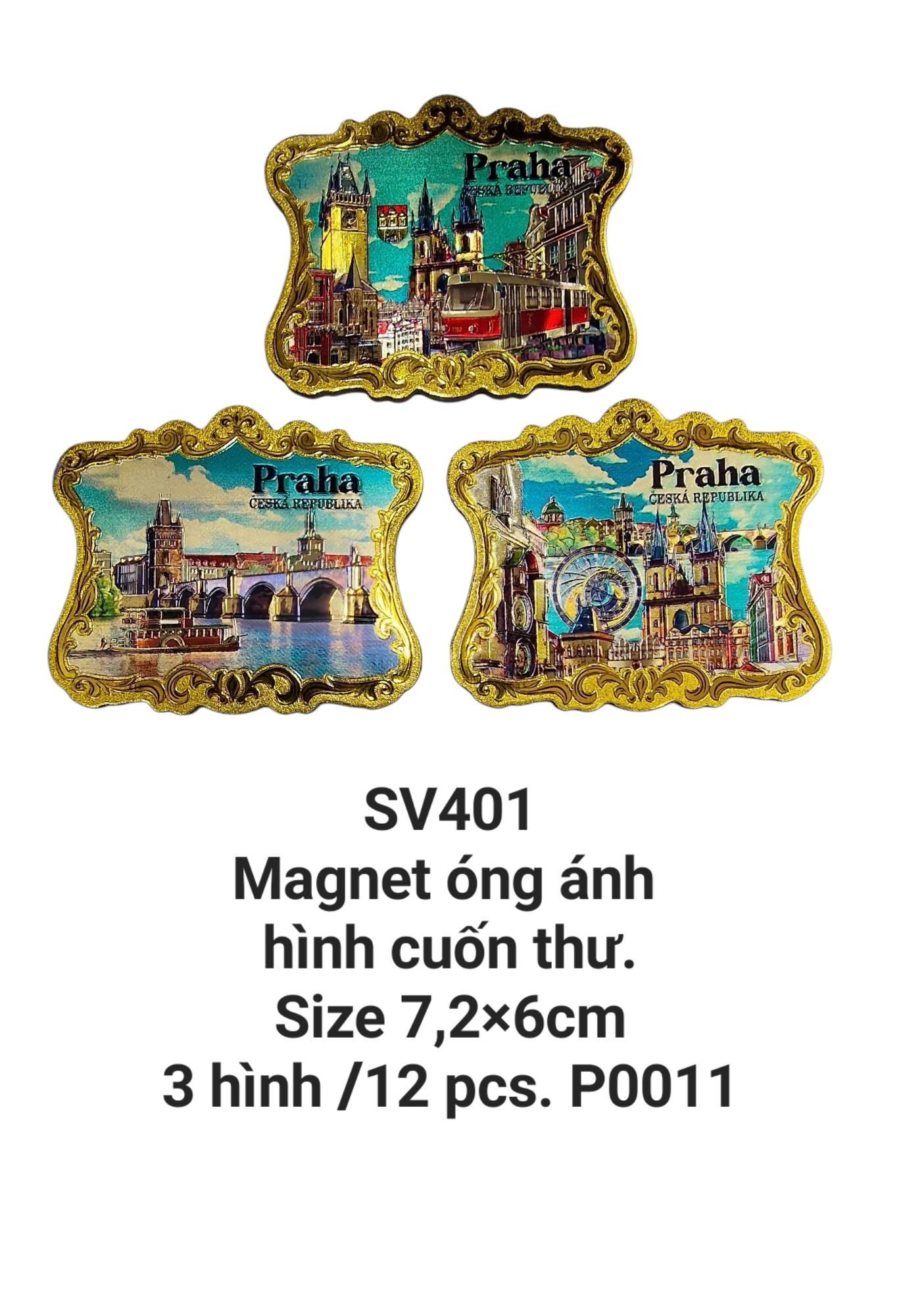 Macgnet óng ánh hình cuốn thư, hình ảnh in nổi trên nền mầu vàng. SV401