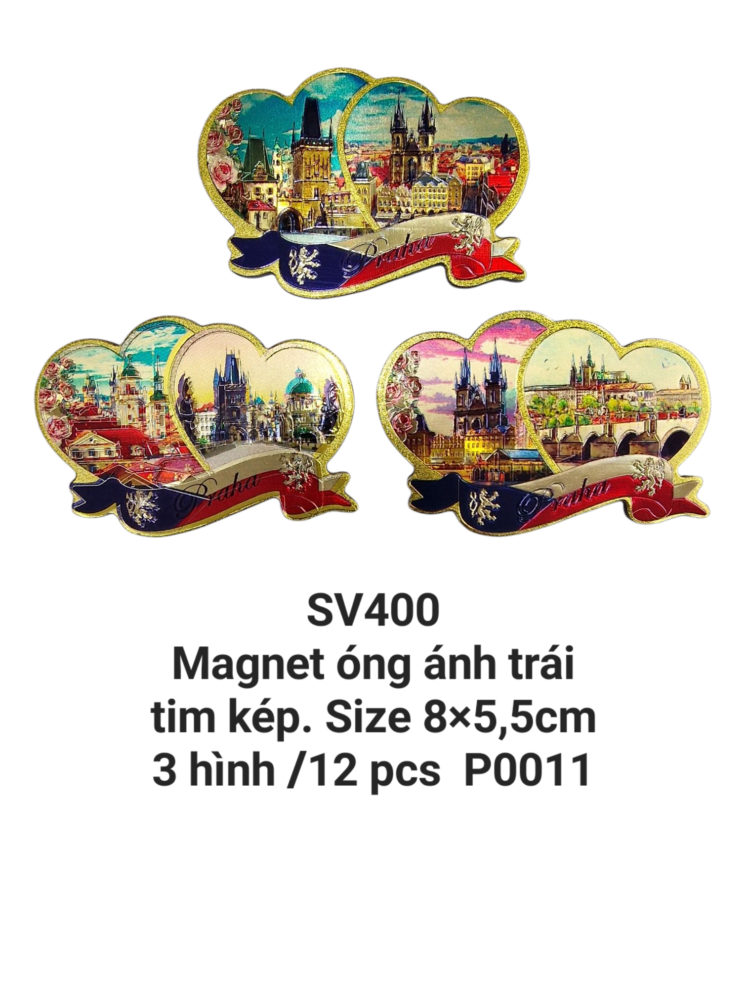 Magnet óng ánh hình trái tim kép, hình ảnh in nổi trêntrên nền màu vàng. SV400