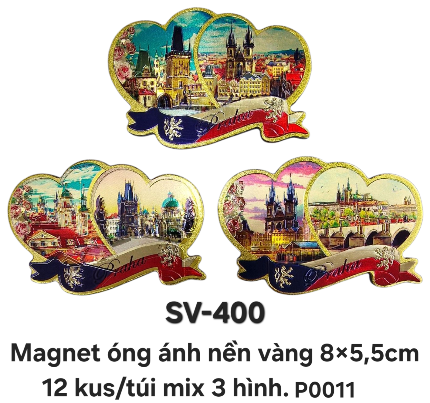 SV-400. Magnet mềm óng ánh hình trái tim kép trên nền vàng cỡ trung phẳng