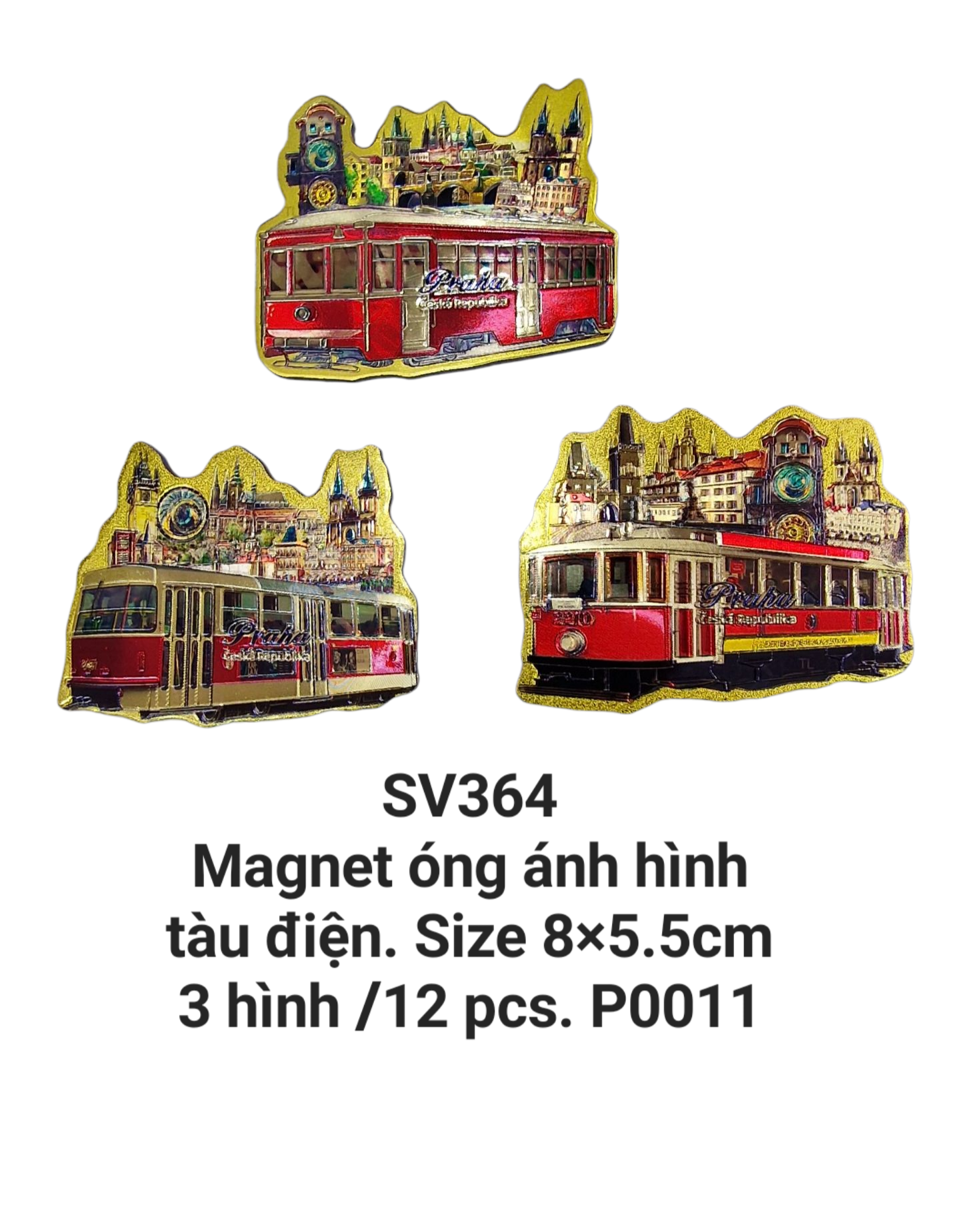 Magnet óng ánh hình tàu điện, hình ảnh in nổi trên nền màu vàng. SV364