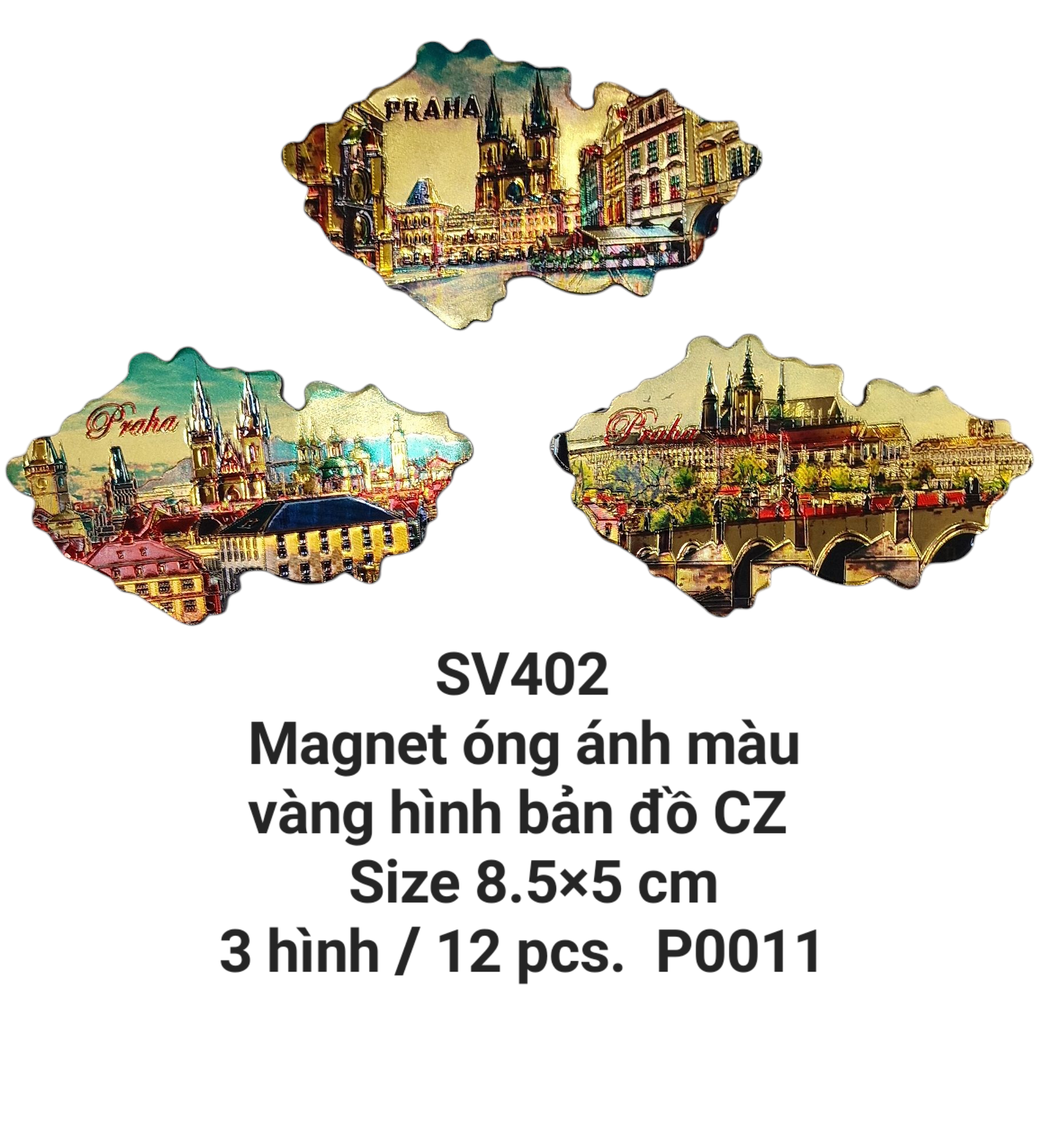 Magnet óng ánh hình bản đồ Séc, hình ảnh in nổi trên nền màu vàng. SV402