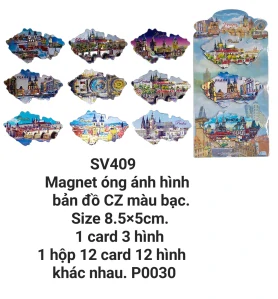 Magnet óng ánh hình bản đồ vỉ 3 kus, hình ảnh in nổi trên nền màu bạc. SV409