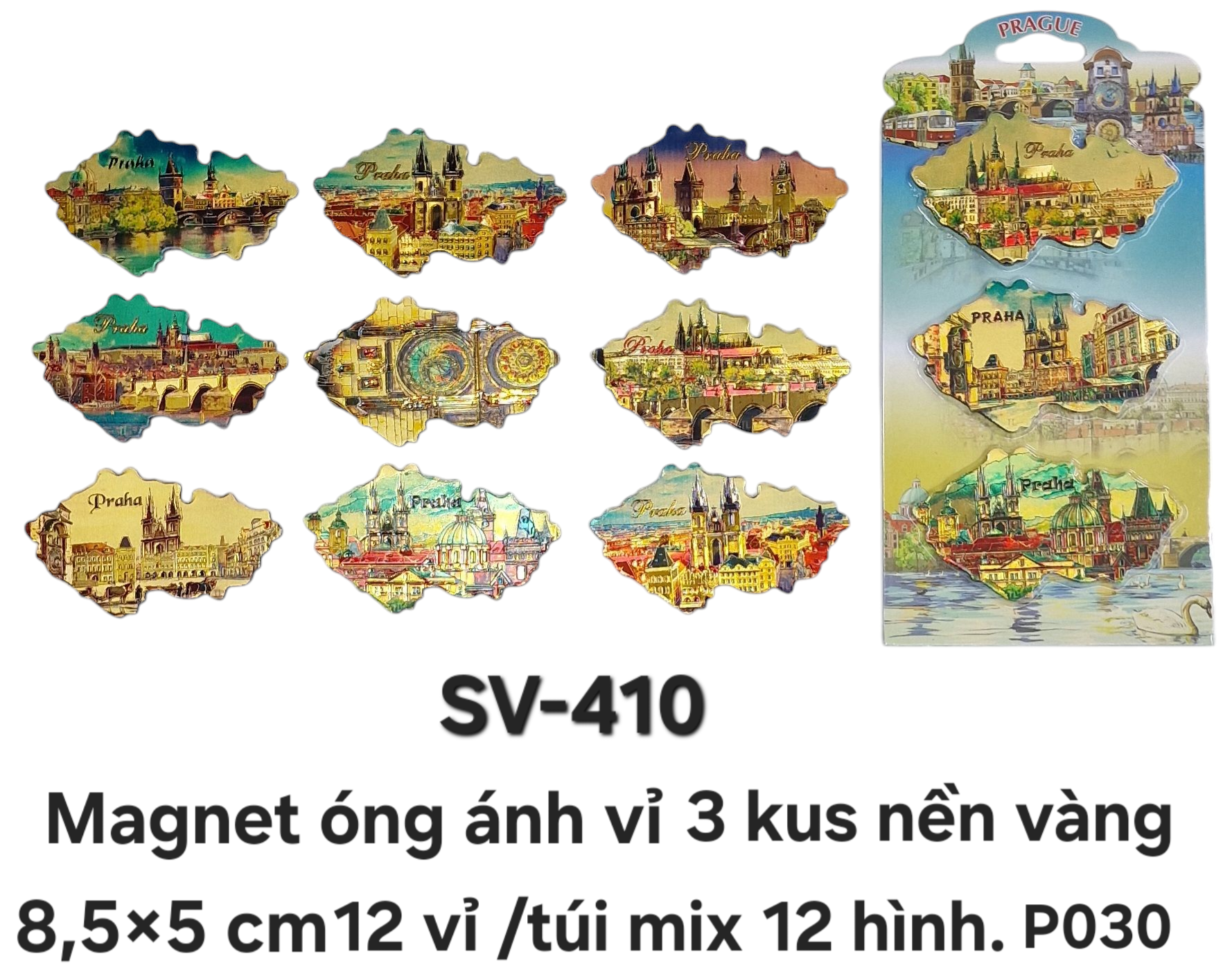 SV-410. Magnet mềm óng ánh hình bản đồ  1 vỉ 3 kus nền vàng cỡ trung, phẳng.