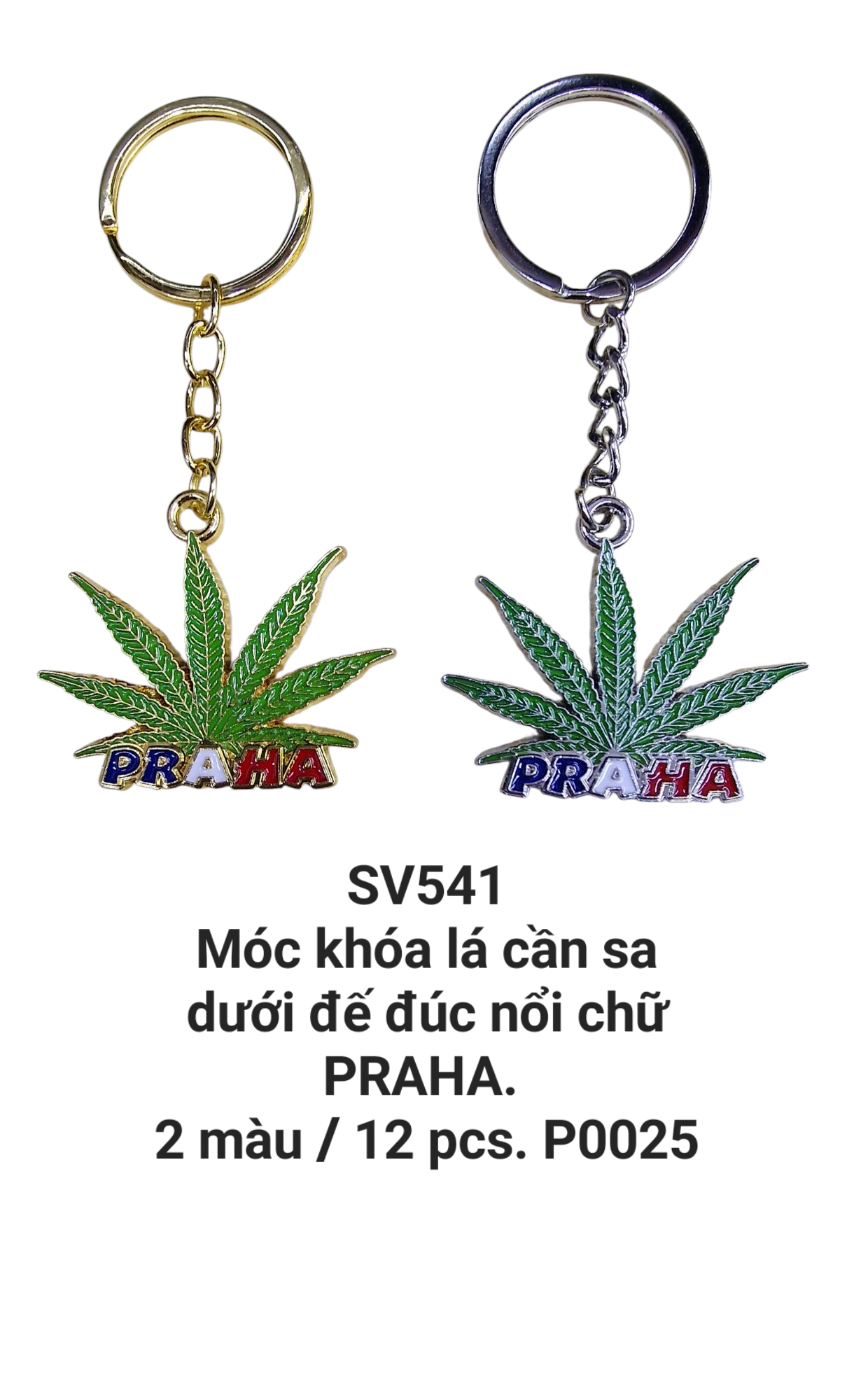 Móc khóa lá cần sa Praha bạc vàng. SV541