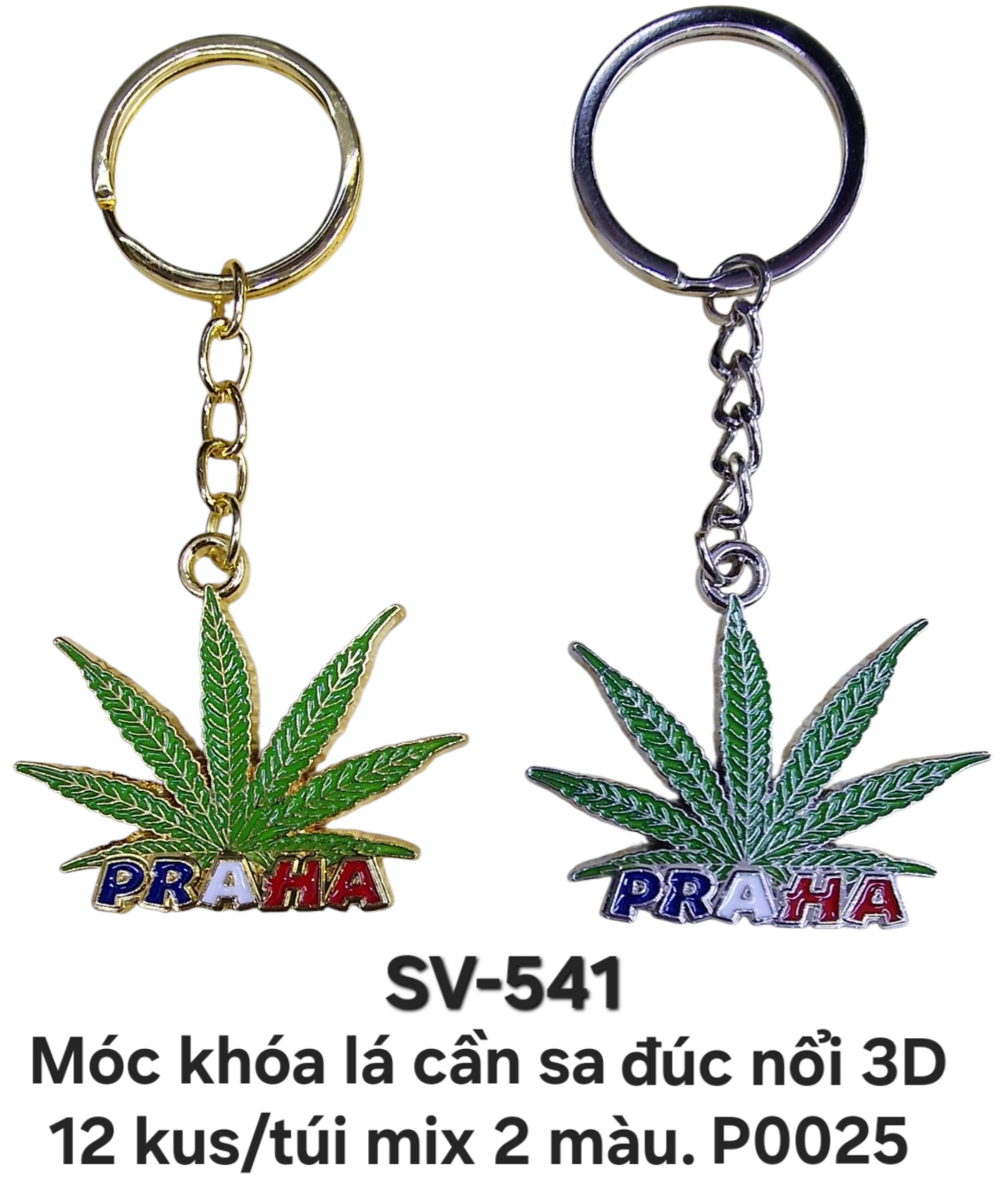 SV-541. Móc khóa đúc nổi 3D lá cần sa Praha bạc vàng