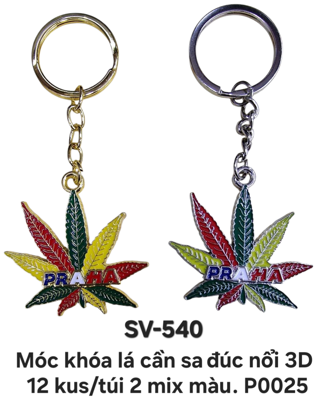 SV-540. Móc khóa đúc nổi 3D lá cần sa Praha Mix màu