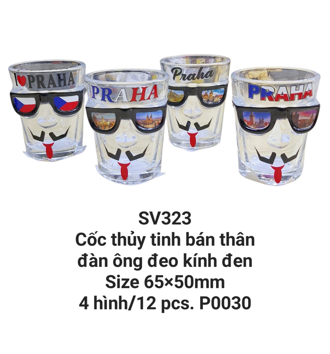 Cốc thủy tinh tạo hình đầu người đàn ông đeo kính. SV323
