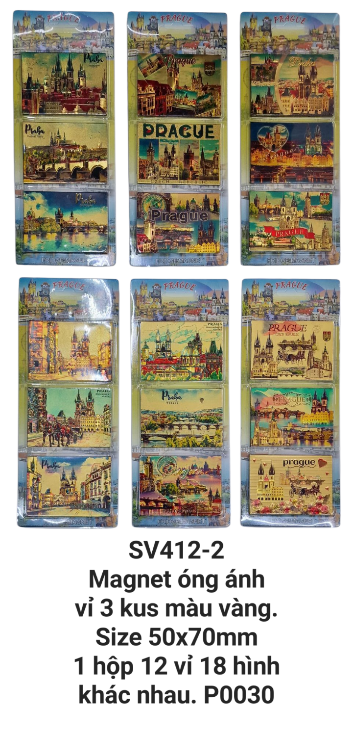 Magnet óng ánh hình chữ nhật vỉ 3 kus, hình ảnh in nổi trên nền màu vàng. SV412-2