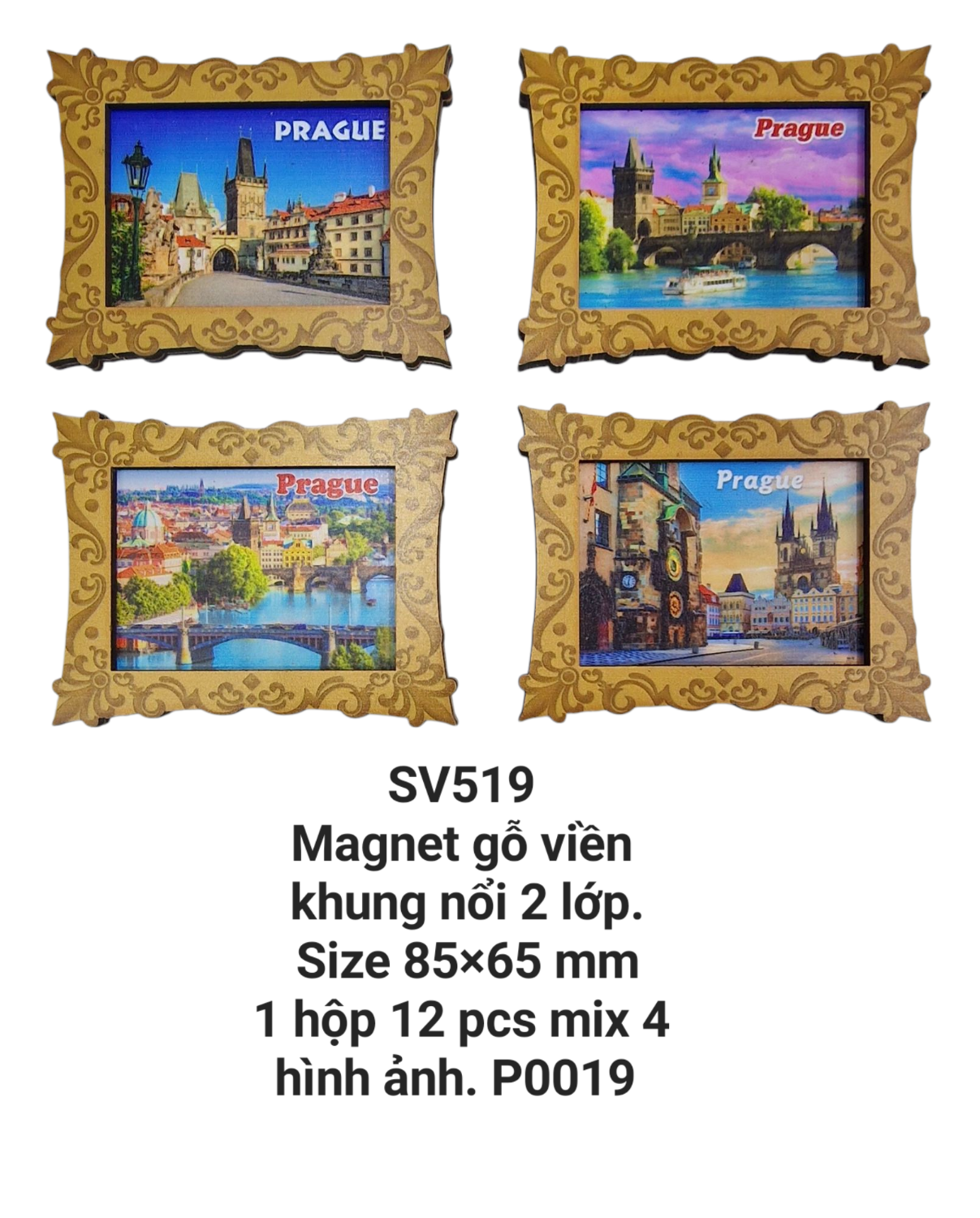 Magnet gỗ 2 lớp hình chữ nhật. Viền khung nổi hoa văn. SV519