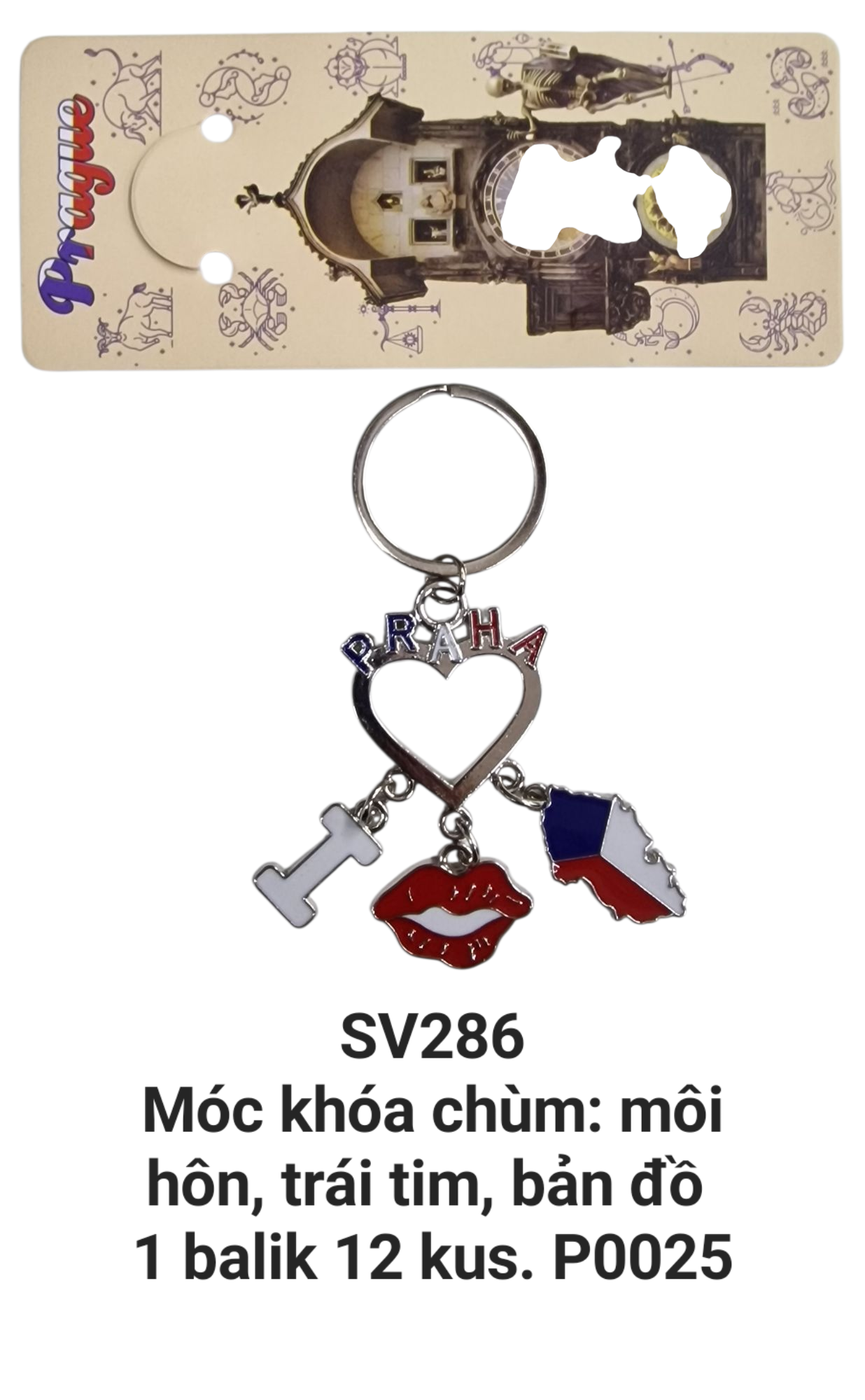 Móc khóa chùm trái tim, môi hôn bản đồ , cờ Séc. SV286