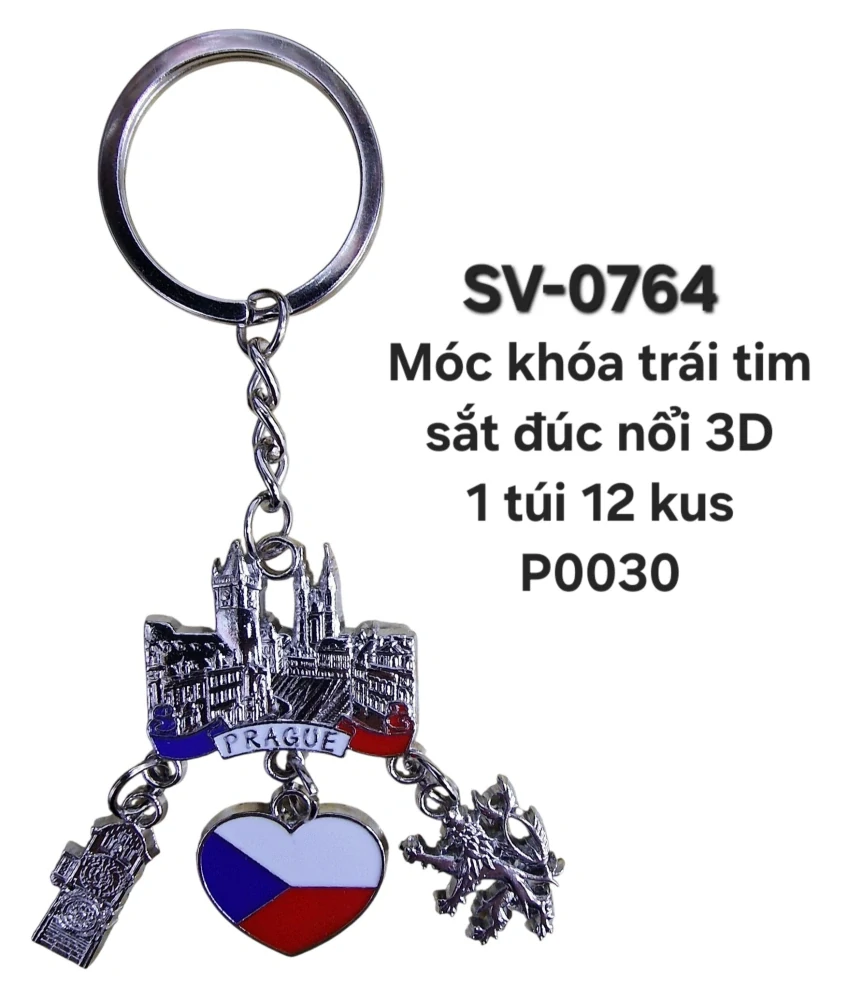 SV-764. Móc khóa lâu đài Praha đúc nổi 3D gắn trái tim